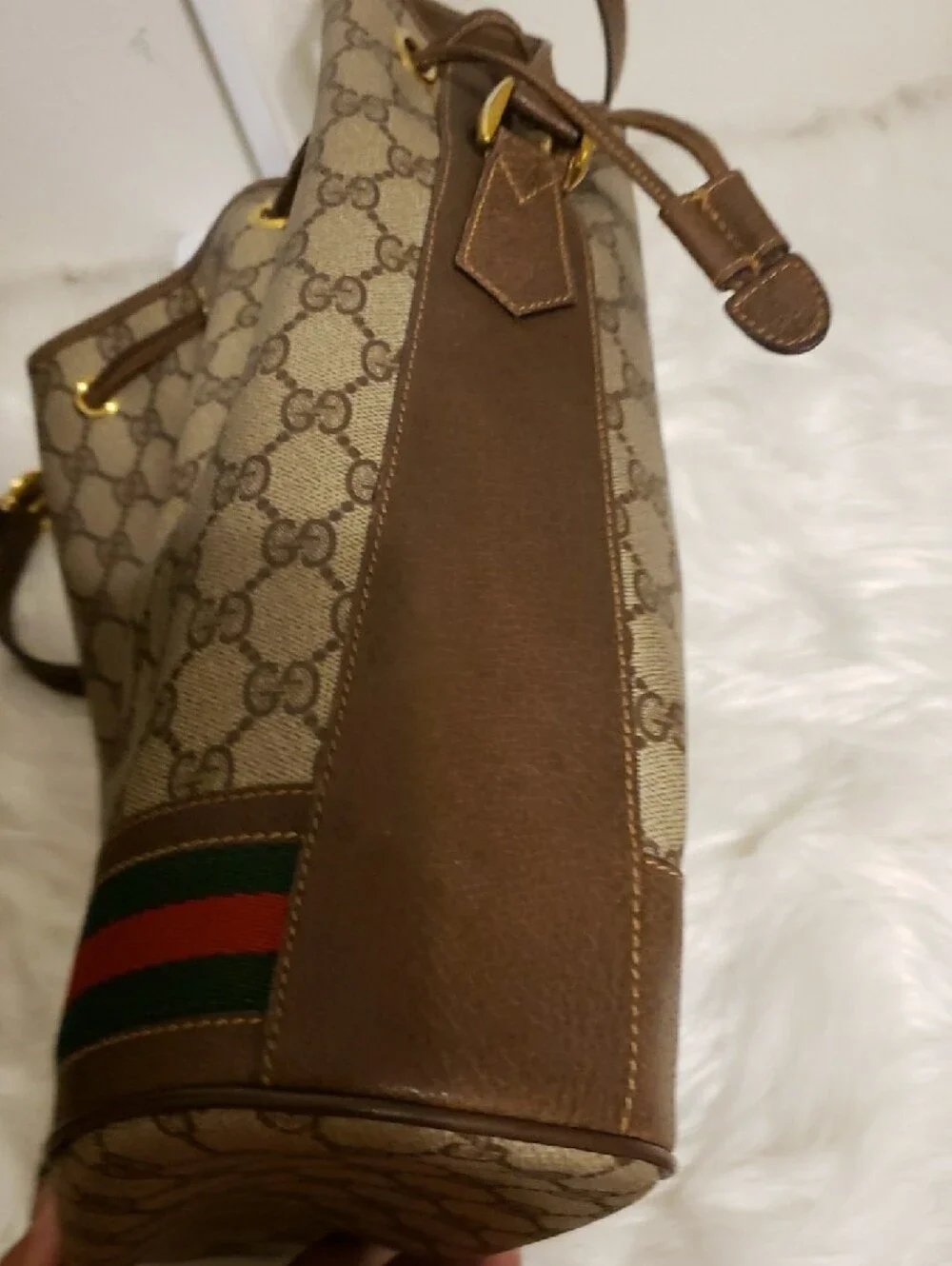 Gucci Beige Monogram Canvas Bucket Bag with Green-Red Stripe - Picture 10 of 16